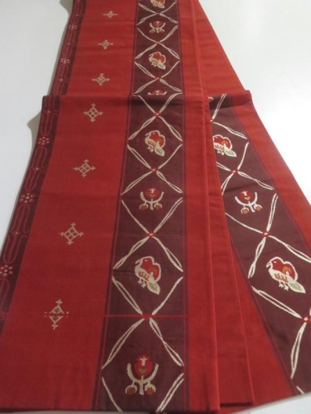 Photo6: 5114Y10z850  Japanese Kimono Silk FUKURO OBI Bird Dark red 166.9x12.4 (6)