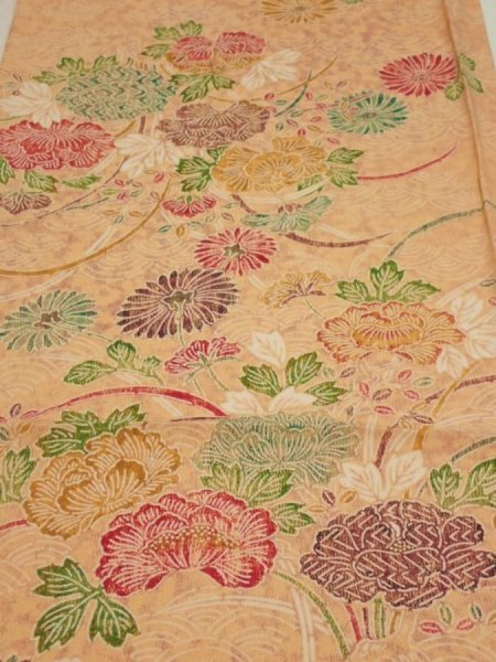 Photo1: 4B02z60  Japanese Kimono Silk  FABRIC Peony Light orange 40.2x14.6 (1)