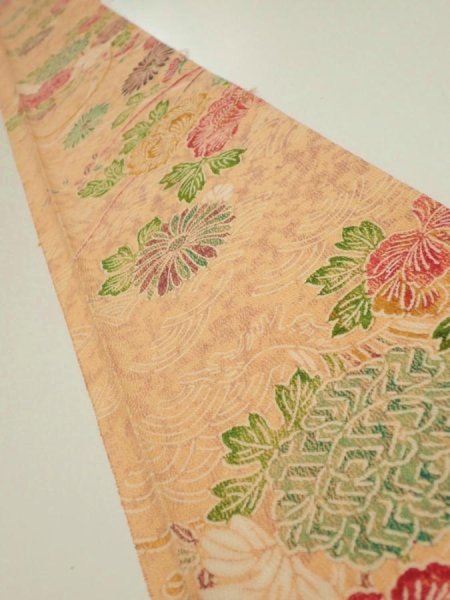 Photo1: 4B07z40  Japanese Kimono Silk  FABRIC Peony Light orange 55.9x7.1 (1)