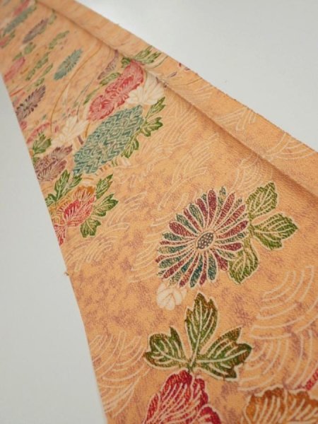 Photo1: 4B08z40  Japanese Kimono Silk  FABRIC Peony Light orange 55.9x7.1 (1)