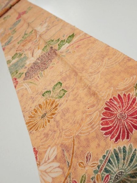 Photo1: 4B09z60  Japanese Kimono Silk  FABRIC Peony Light orange 78.0x7.3 (1)