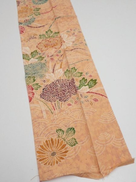 Photo2: 4B10z30  Japanese Kimono Silk  FABRIC Peony Light orange 33.9x7.3 (2)