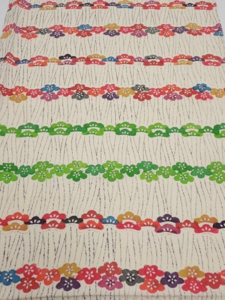 Photo1: 4B01z60  Japanese Kimono Silk  FABRIC Plum blossom Off-white 44.1x14.4 (1)