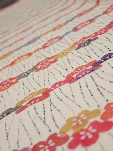 Photo4: 4B03z90  Japanese Kimono Silk  FABRIC Plum blossom Off-white 66.1x14.4 (4)