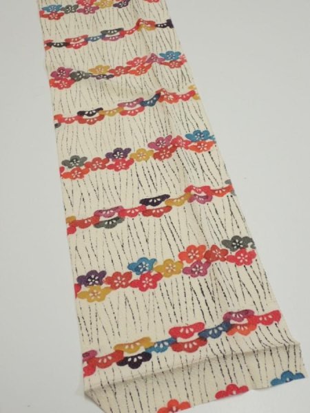 Photo2: 4B09z30  Japanese Kimono Silk  FABRIC Plum blossom Off-white 37.8x6.7 (2)