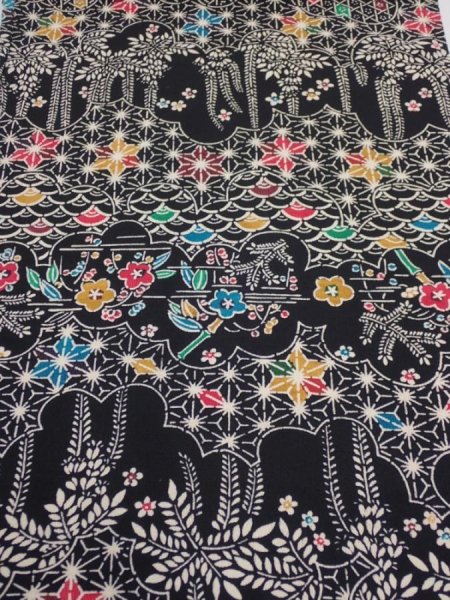 Photo1: 4B01z60  Japanese Kimono Silk  FABRIC Flowers Black 40.6x14.2 (1)