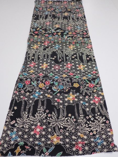 Photo5: 4B01z60  Japanese Kimono Silk  FABRIC Flowers Black 40.6x14.2 (5)
