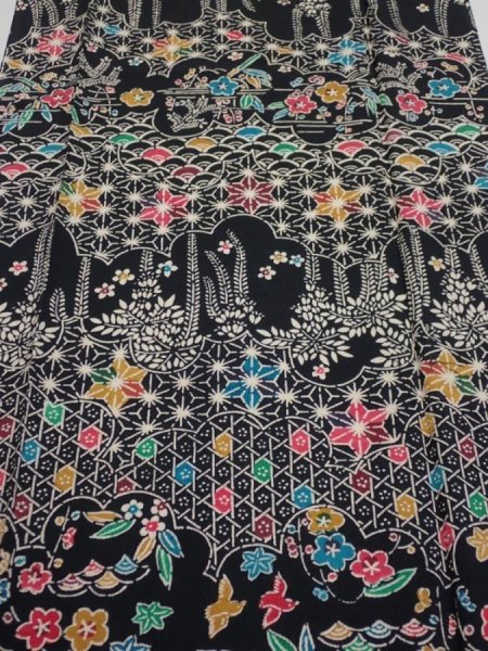 Photo1: 4B05z100  Japanese Kimono Silk  FABRIC Flowers Black 68.5x14.2 (1)