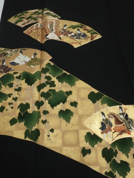 Photo1: 2U01z270  Japanese Kimono Silk  FABRIC Heian noble Black 62.2x29.5 (1)