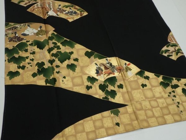 Photo2: 2U01z270  Japanese Kimono Silk  FABRIC Heian noble Black 62.2x29.5 (2)