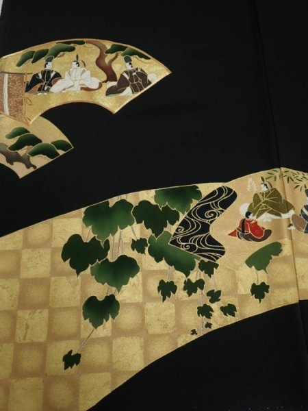 Photo1: 2U02z270  Japanese Kimono Silk  FABRIC Heian noble Black 59.1x28.7 (1)