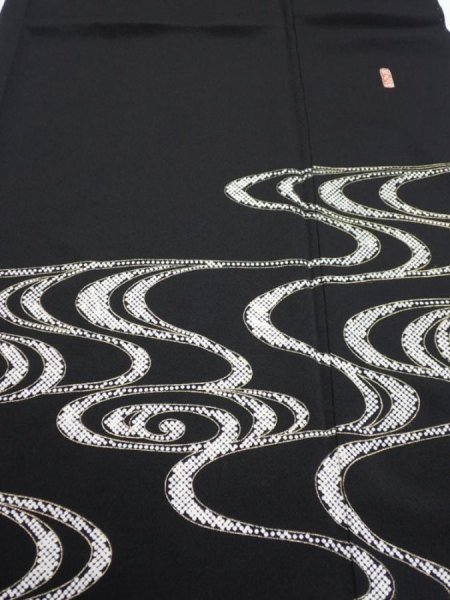 Photo1: 2U06z150  Japanese Kimono Silk  FABRIC Stream Black 62.2x18.1 (1)