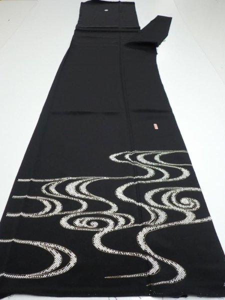 Photo6: 2U06z150  Japanese Kimono Silk  FABRIC Stream Black 62.2x18.1 (6)