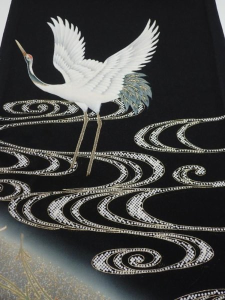 Photo1: 2U07z100  Japanese Kimono Silk  FABRIC Crane Black 67.7x14.8 (1)