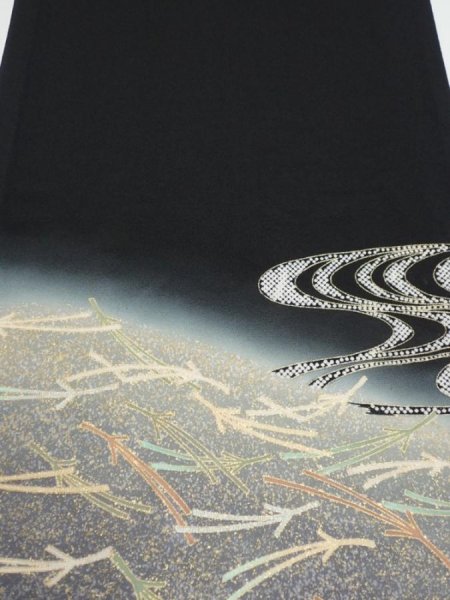 Photo1: 2U08z100  Japanese Kimono Silk  FABRIC Pine needle Black 67.7x15.0 (1)