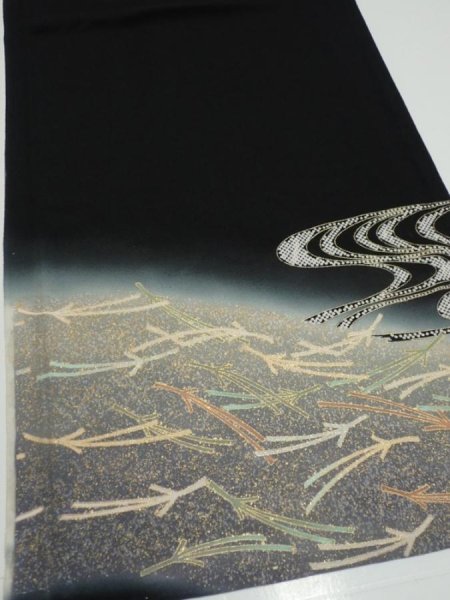 Photo2: 2U08z100  Japanese Kimono Silk  FABRIC Pine needle Black 67.7x15.0 (2)