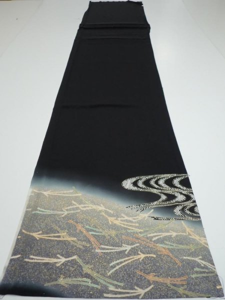 Photo5: 2U08z100  Japanese Kimono Silk  FABRIC Pine needle Black 67.7x15.0 (5)