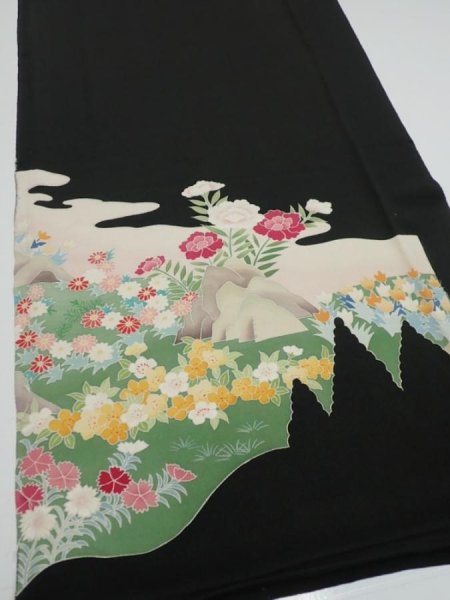 Photo2: 2U10z110  Japanese Kimono Silk  FABRIC Flowers Black 69.3x14.6 (2)