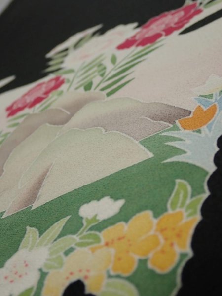 Photo3: 2U10z110  Japanese Kimono Silk  FABRIC Flowers Black 69.3x14.6 (3)