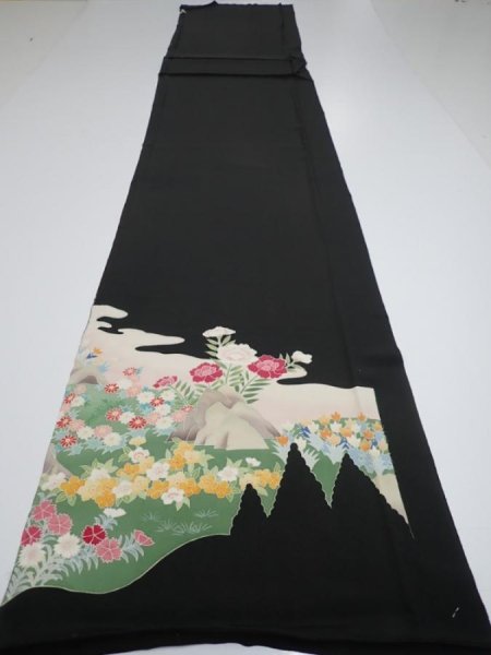 Photo6: 2U10z110  Japanese Kimono Silk  FABRIC Flowers Black 69.3x14.6 (6)