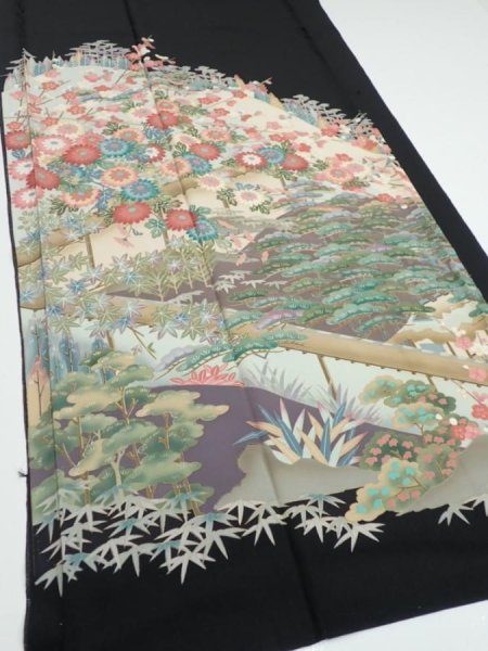 Photo2: 2T01z140  Japanese Kimono Silk  FABRIC Garden Black 59.4x18.5 (2)