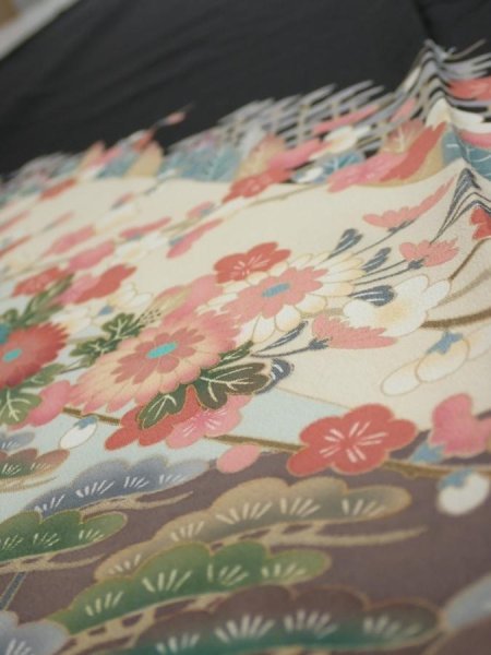 Photo3: 2T01z140  Japanese Kimono Silk  FABRIC Garden Black 59.4x18.5 (3)