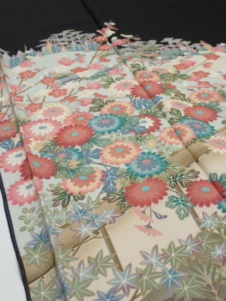 Photo4: 2T01z140  Japanese Kimono Silk  FABRIC Garden Black 59.4x18.5 (4)