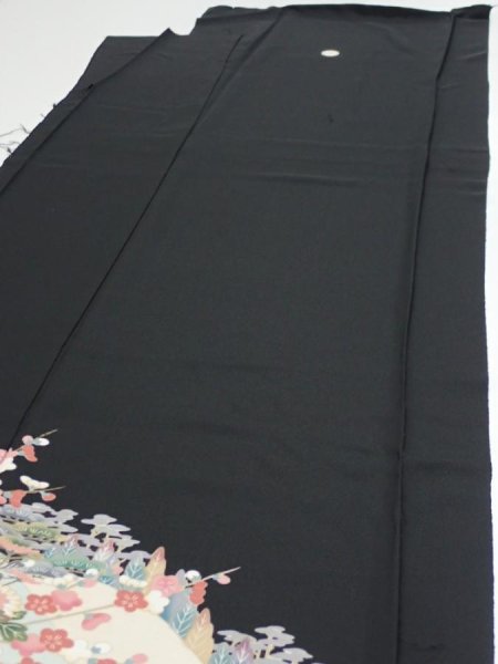 Photo5: 2T01z140  Japanese Kimono Silk  FABRIC Garden Black 59.4x18.5 (5)