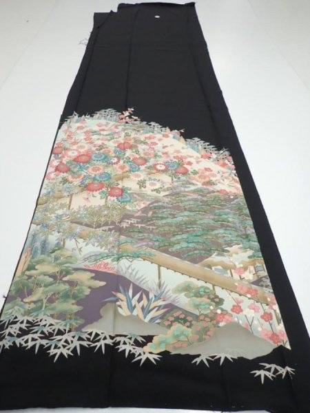 Photo6: 2T01z140  Japanese Kimono Silk  FABRIC Garden Black 59.4x18.5 (6)