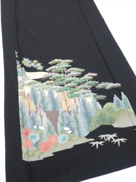 Photo2: 2T04z100  Japanese Kimono Silk  FABRIC Trees Black 67.7x14.6 (2)