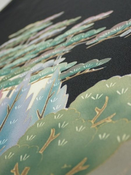 Photo3: 2T04z100  Japanese Kimono Silk  FABRIC Trees Black 67.7x14.6 (3)
