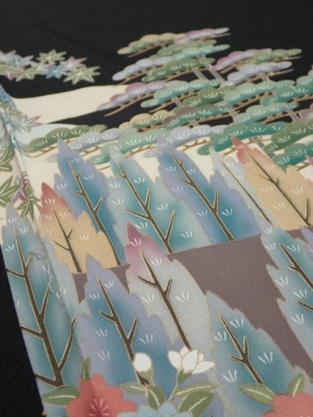 Photo4: 2T04z100  Japanese Kimono Silk  FABRIC Trees Black 67.7x14.6 (4)