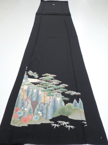Photo6: 2T04z100  Japanese Kimono Silk  FABRIC Trees Black 67.7x14.6 (6)