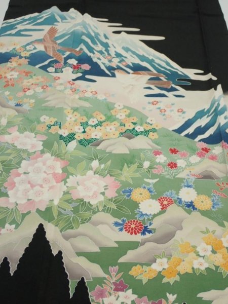 Photo1: 2T05z150  Japanese Kimono Silk  FABRIC  Black 57.5x18.5 (1)