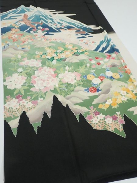 Photo2: 2T05z150  Japanese Kimono Silk  FABRIC  Black 57.5x18.5 (2)