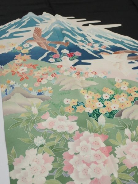Photo4: 2T05z150  Japanese Kimono Silk  FABRIC  Black 57.5x18.5 (4)