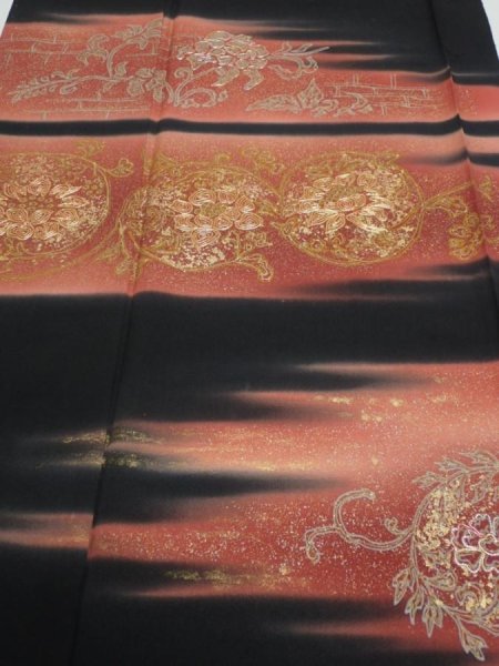 Photo1: 2T06z150  Japanese Kimono Silk  FABRIC Flowers Black 60.6x18.5 (1)