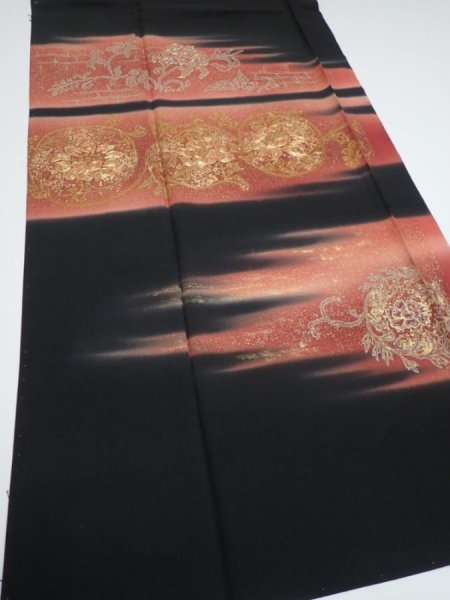 Photo2: 2T06z150  Japanese Kimono Silk  FABRIC Flowers Black 60.6x18.5 (2)