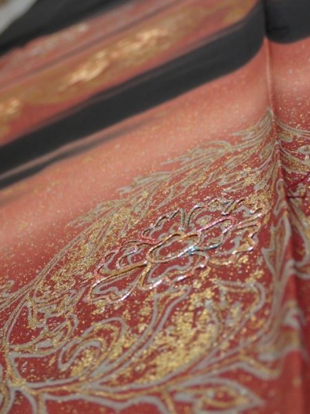 Photo3: 2T06z150  Japanese Kimono Silk  FABRIC Flowers Black 60.6x18.5 (3)