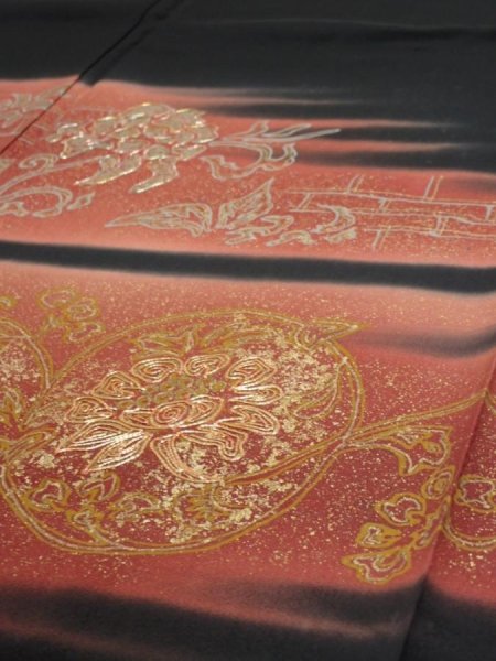 Photo4: 2T06z150  Japanese Kimono Silk  FABRIC Flowers Black 60.6x18.5 (4)