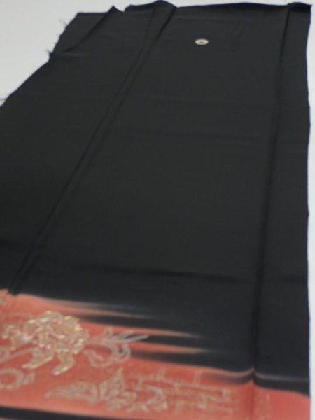 Photo5: 2T06z150  Japanese Kimono Silk  FABRIC Flowers Black 60.6x18.5 (5)