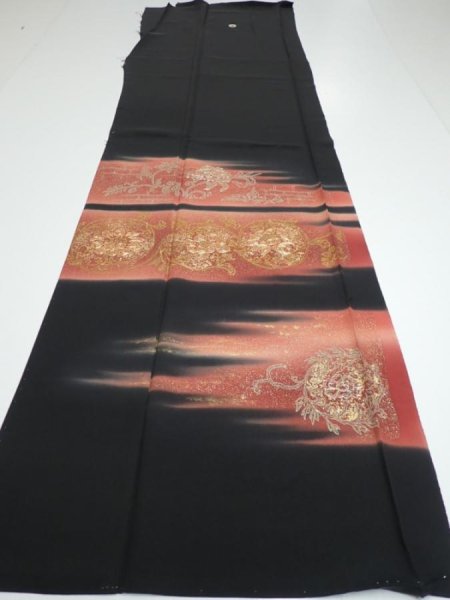 Photo6: 2T06z150  Japanese Kimono Silk  FABRIC Flowers Black 60.6x18.5 (6)
