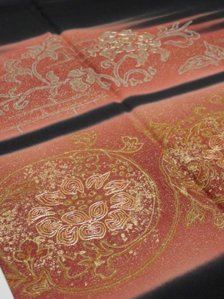 Photo7: 2T06z150  Japanese Kimono Silk  FABRIC Flowers Black 60.6x18.5 (7)