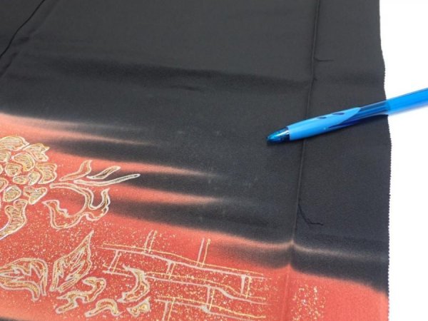 Photo8: 2T06z150  Japanese Kimono Silk  FABRIC Flowers Black 60.6x18.5 (8)