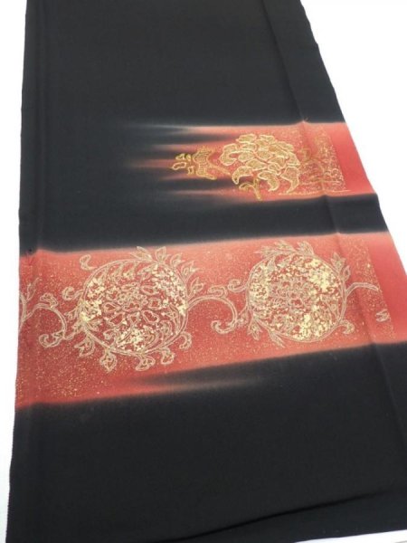 Photo2: 2T07z110  Japanese Kimono Silk  FABRIC  Black 71.7x14.6 (2)