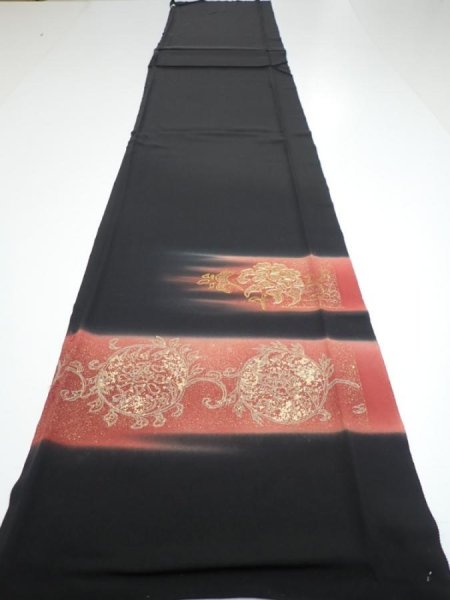 Photo6: 2T07z110  Japanese Kimono Silk  FABRIC  Black 71.7x14.6 (6)