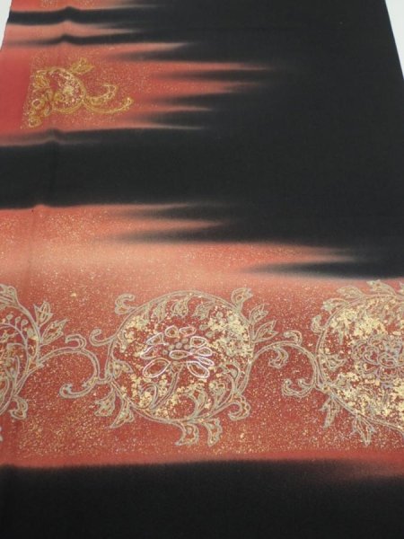 Photo1: 2T08z110  Japanese Kimono Silk  FABRIC  Black 70.9x14.6 (1)