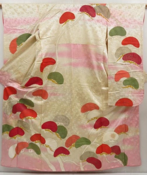 Photo1: 5106T06z990 Vintage Japanese Kimono Silk FURISODE Pine Light cream (1)