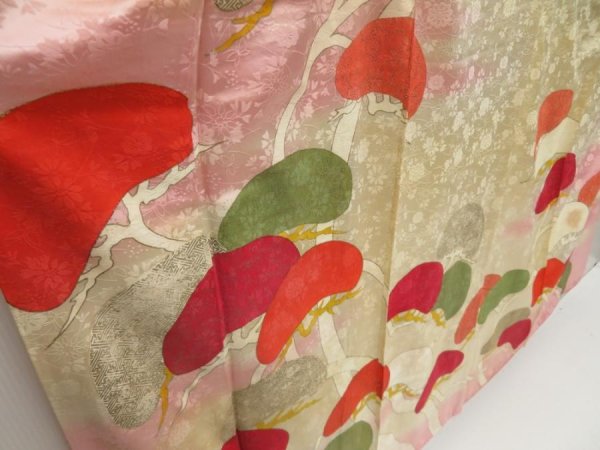 Photo3: 5106T06z990 Vintage Japanese Kimono Silk FURISODE Pine Light cream (3)