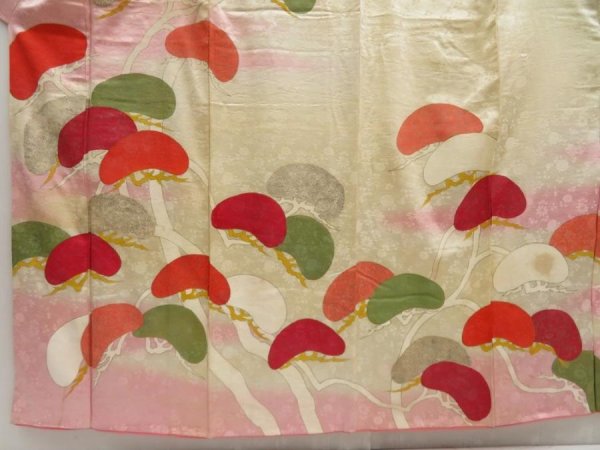 Photo5: 5106T06z990 Vintage Japanese Kimono Silk FURISODE Pine Light cream (5)